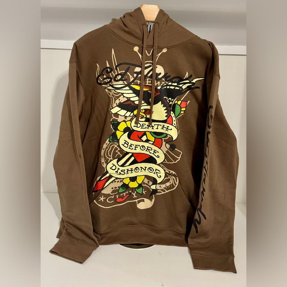 Ed Hardy Men’s‎ Mocha Brown Snake Skull Graphic Hoodie Sweatshirt Street Wear XL